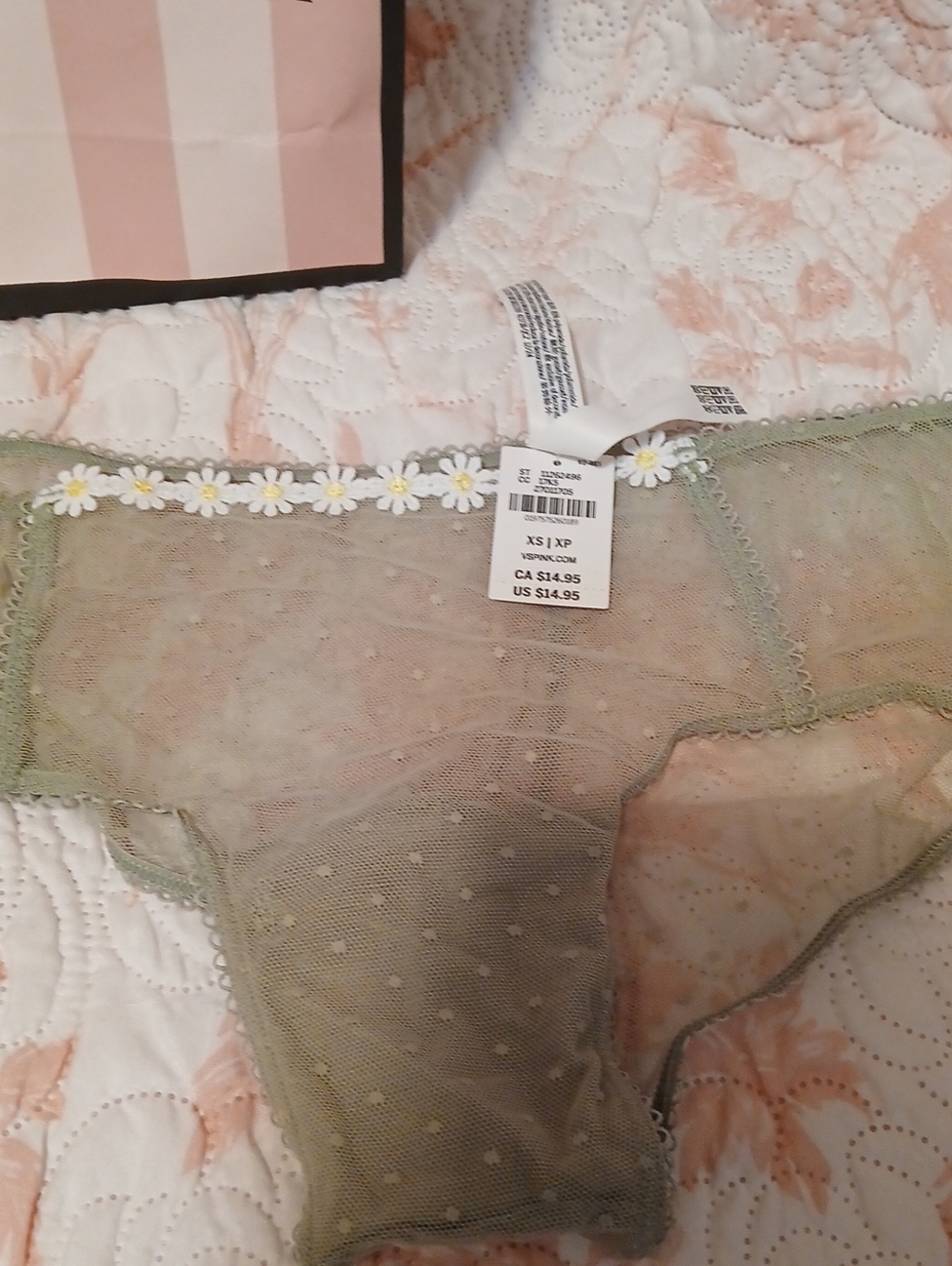PINK Victoria's Secret Olive Green Sheer Mesh Bikini Panty with Daisy Trim